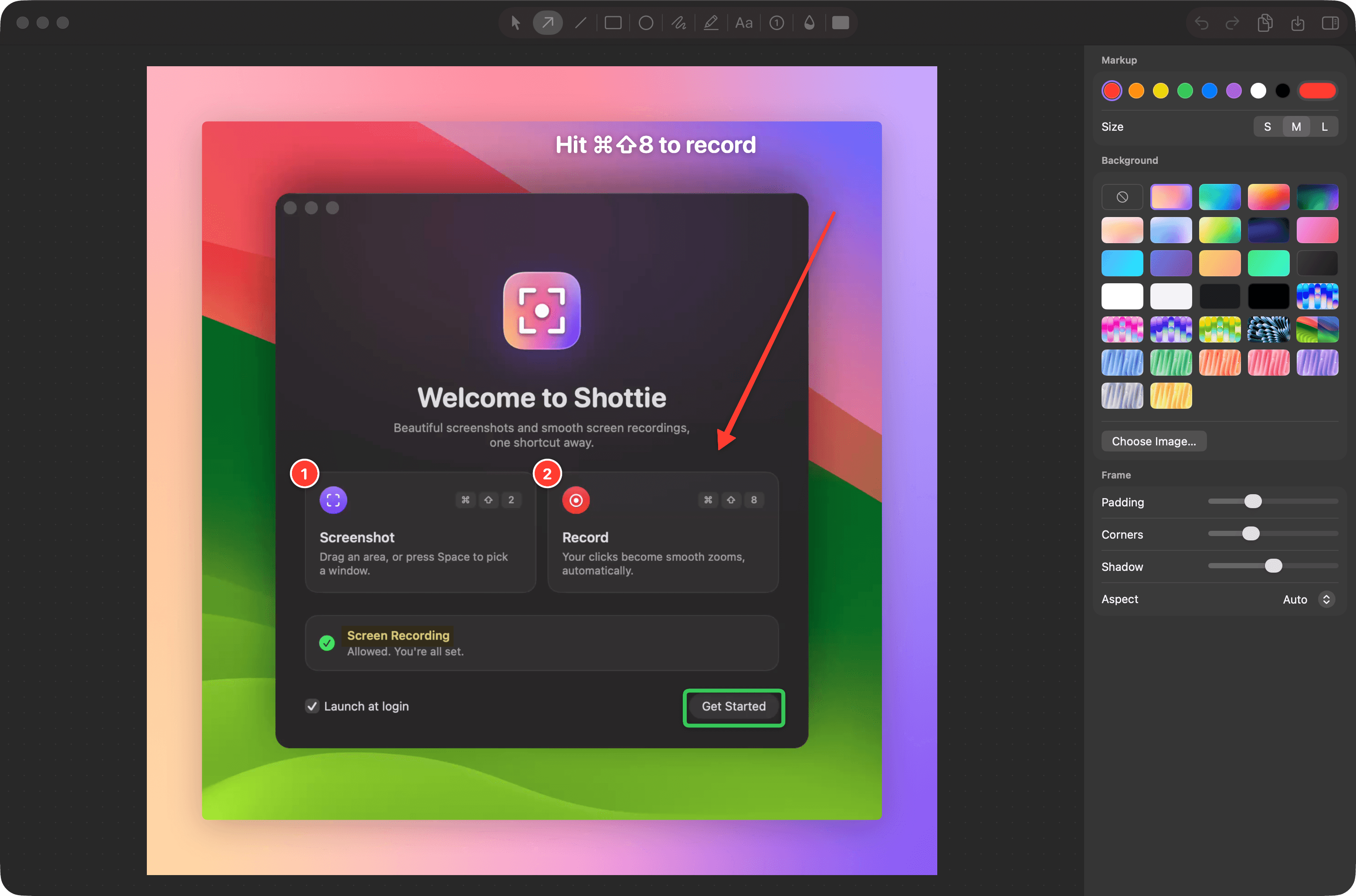 The Shottie screenshot editor: a capture framed on a gradient, with an arrow, numbered steps, a highlight and a note, next to the markup and background controls