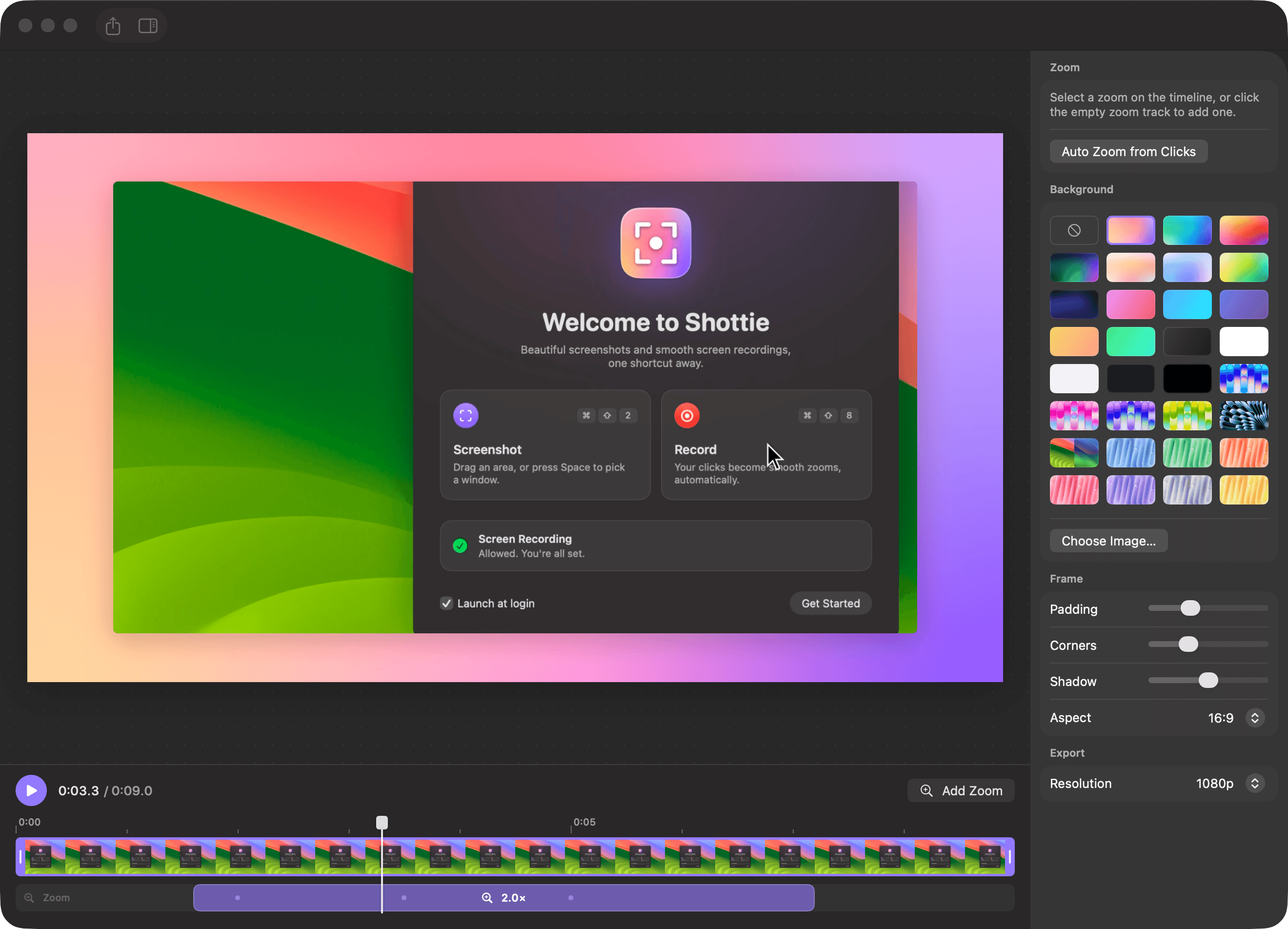 The Shottie video editor: a zoomed preview on a gradient backdrop above a timeline with a filmstrip, trim handles and a zoom block